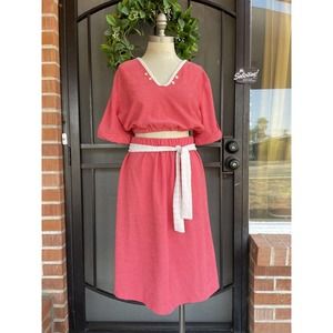 60s 70s 3pc. Pink And White Terrycloth Skirt Set W/ Belt- Sz. 16